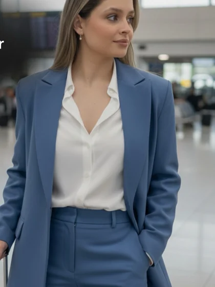 Débora de terno azul e camisa branca, com a mala, num saguão de aeroporto
